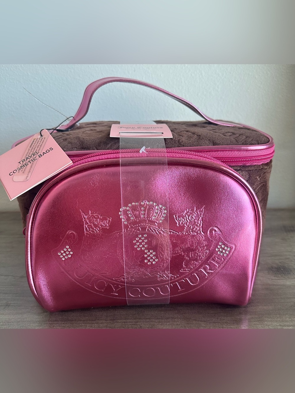 Juicy Couture Metallic Hot Pink Travel Cosmetic Bag Set